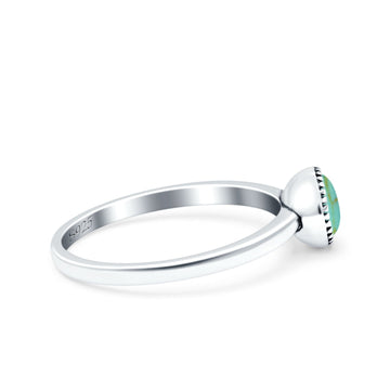 Petite Dainty Lab Opal Ring Solid Round Oxidized Simulated Turquoise 925 Sterling Silver